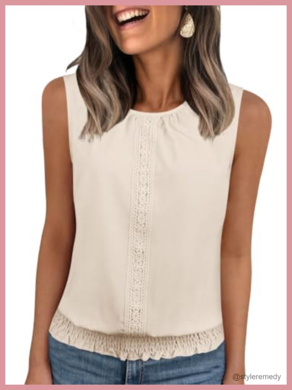 Sleeveless Pleated Crochet Lace Crewneck Smocked Hem Tank Top Blouse